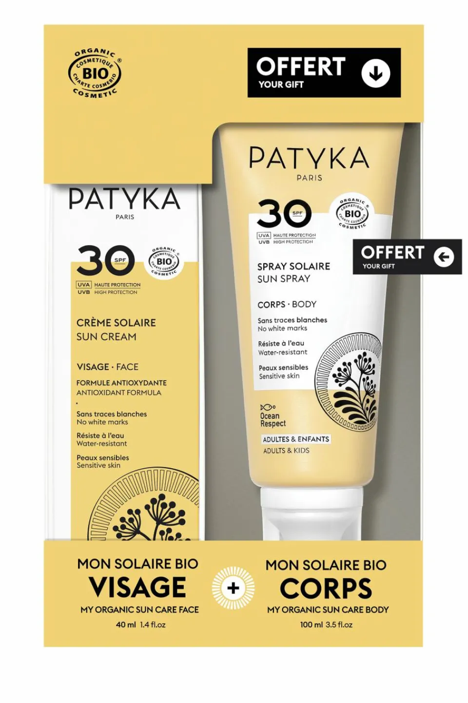 New Patyka Duo Solaire crème solaire visage SPF30 et spray solaire corps SFP30 100ml offert