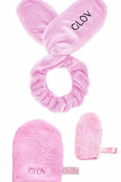 GLOV Ensemble bunny together gant démaquillant à l’eau avec mitaine correctrice et bandeau à oreilles de lapin rose