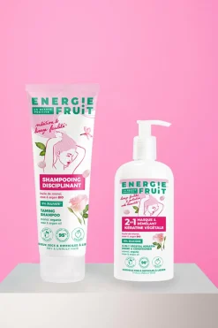 New Energie Fruit Shampoing disciplinant anti-frisottis au monoï rose et à l’huile d’Argan